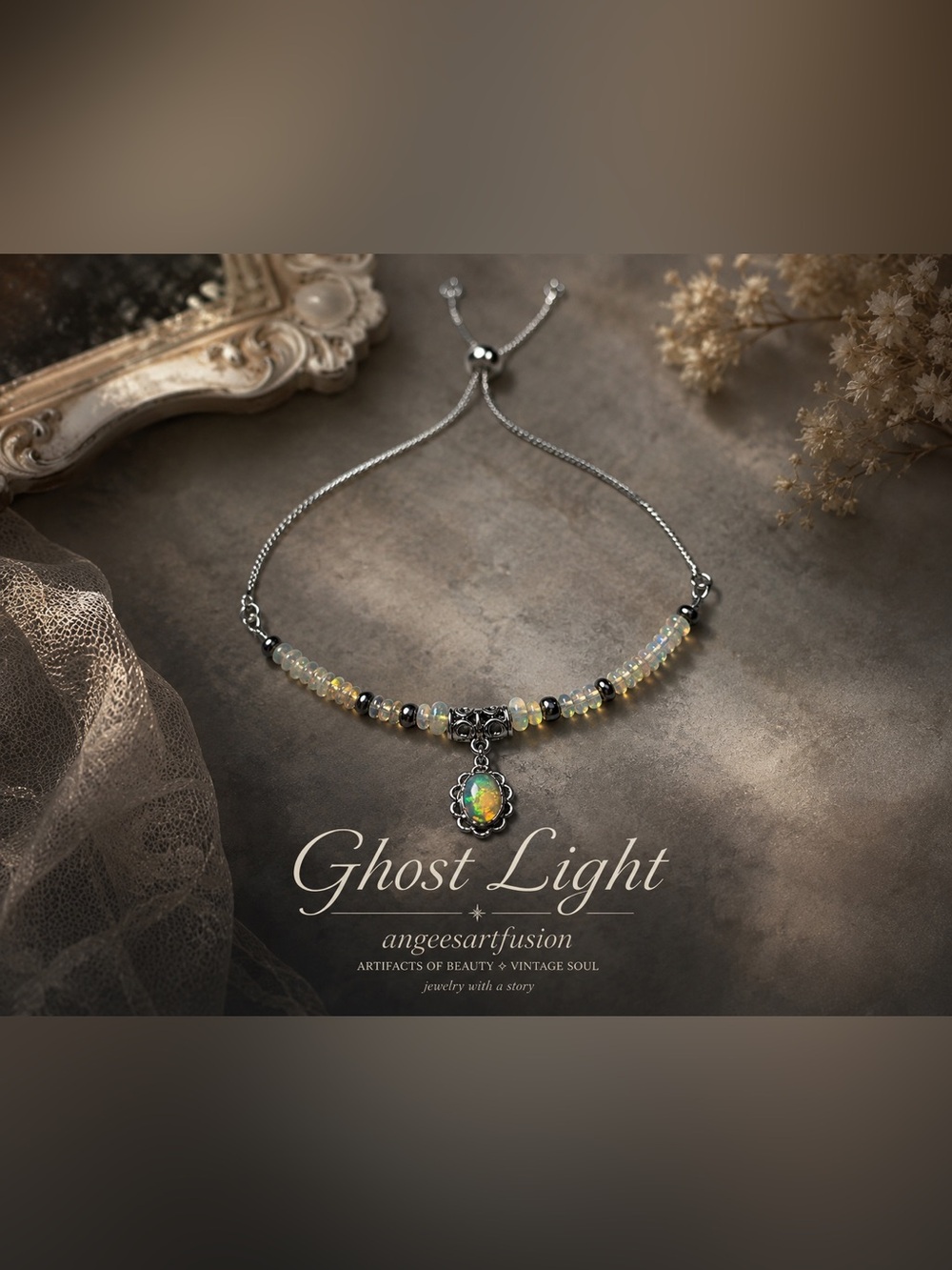“Ghost Light”- Genuine Opal Bracelet Silver Tone Adjustable OOAK Handmade